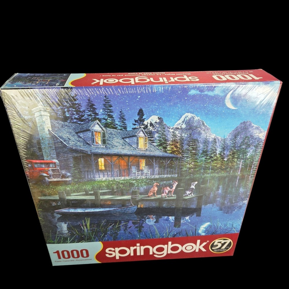 Springbok Moonlit Night 1000 Piece Puzzle 24 x 30 Dogs Cabin Lake Mountains New